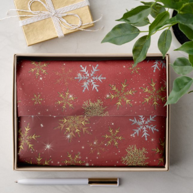 Gold Snowflakes on Christmas Red Tissue Paper (Gift)