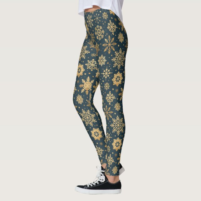 Gold Snowflakes on Dark Blue Leggings (Left)