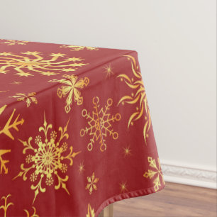 Gold Snowflakes on Dark Red Christmas Tablecloth