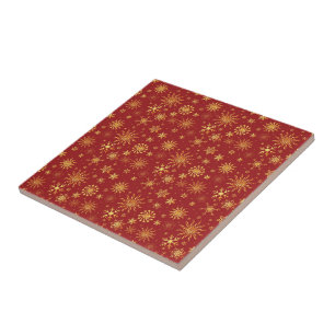Gold Snowflakes on Dark Red Christmas Tile