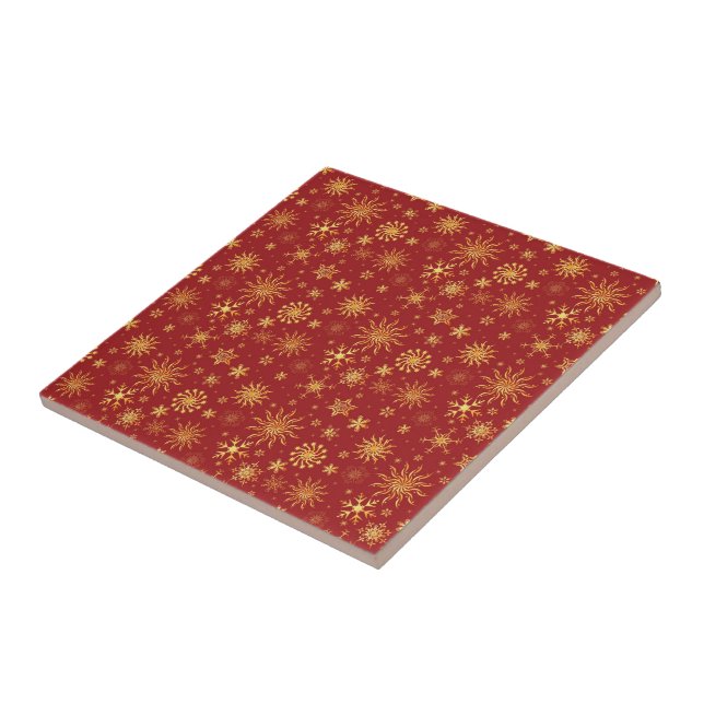 Gold Snowflakes on Dark Red Christmas Tile (Side)