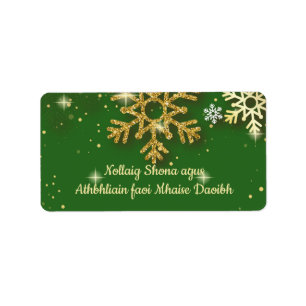 Gold snowflakes on green Irish Gaelic Christmas Label