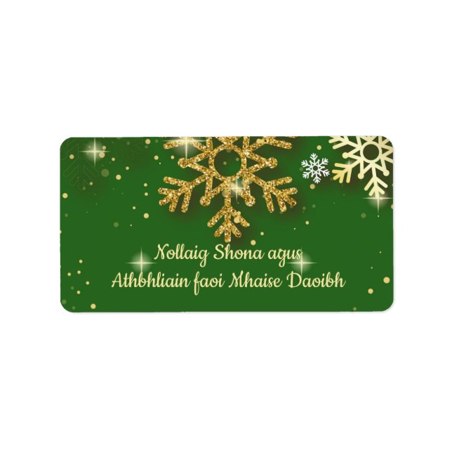 Gold snowflakes on green Irish Gaelic Christmas Label (Front)