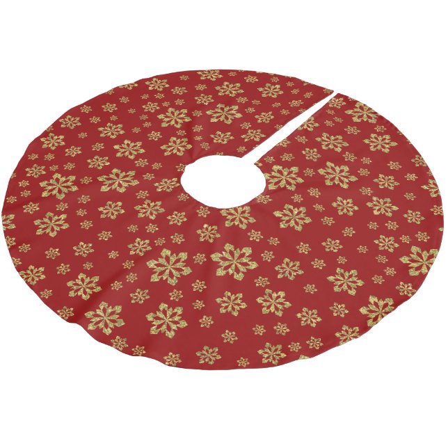 Gold Snowflakes on Red Brushed Polyester Tree Skirt (Angled)