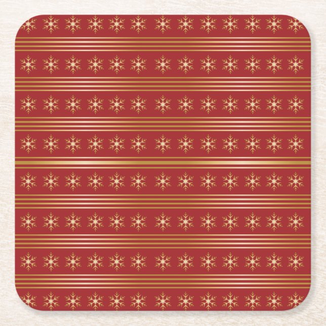 Gold Snowflakes on Red Christmas pattern Square Paper Coaster (Front)