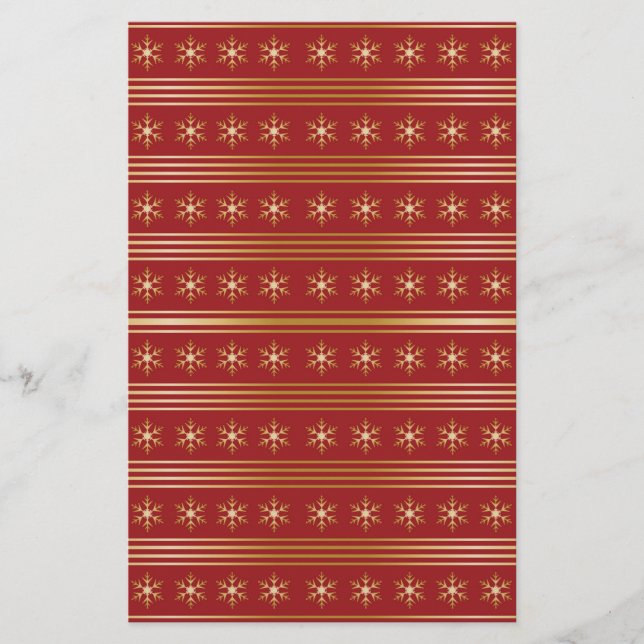 Gold Snowflakes on Red Christmas pattern Stationery (Front)