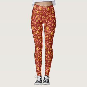 Gold Snowflakes on red pattern Christmas Leggings