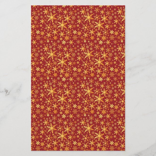 Gold Snowflakes on red pattern Christmas Stationery (Front)