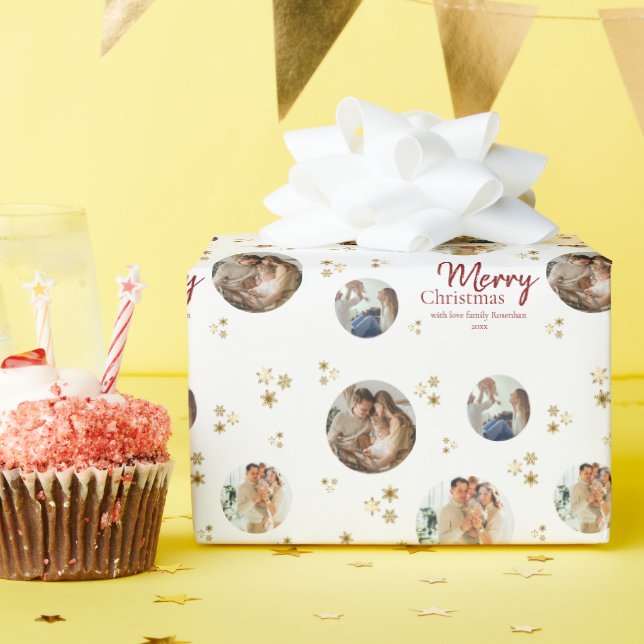 Gold Snowflakes Photo Collage Merry Christmas Wrapping Paper (Birthday Party)