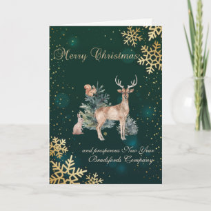 Gold Snowflakes,Pine Tree,Reindeer Holiday Card