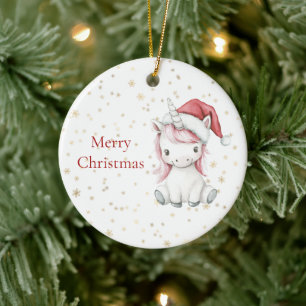 Gold Snowflakes Pink Hair Unicorn Christmas Ceramic Tree Decoration