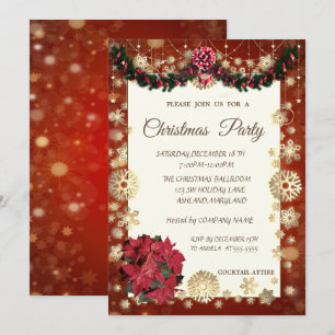 Gold Snowflakes,PoinsetiaCorporate Christmas Party Invitation