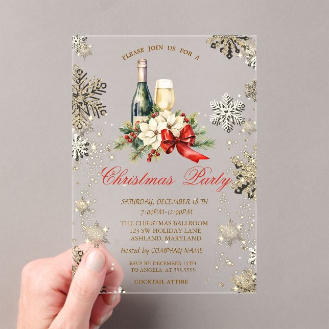 Gold Snowflakes,Poinsettia Wine Company Party Acrylic Invitations (Insitu (Handheld))