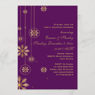 Gold snowflakes purple wedding couples shower invitation