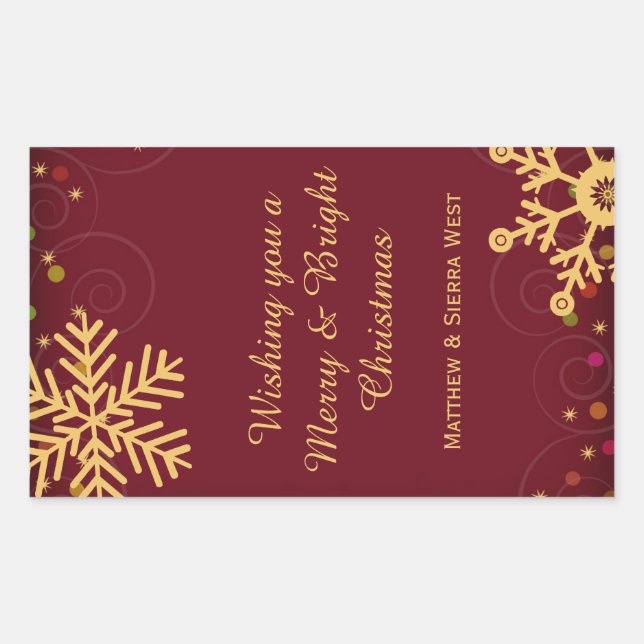 Gold Snowflakes Red Christmas Holiday Wine Label (Front)