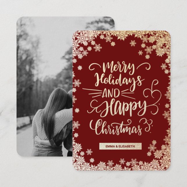 Gold snowflakes red photo Christmas Holiday card (Front/Back)
