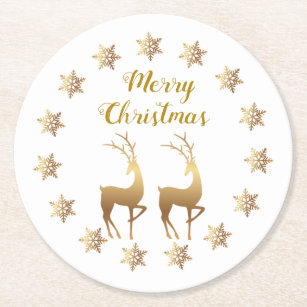 Gold Snowflakes Reindeer Christmas Round Paper Coaster