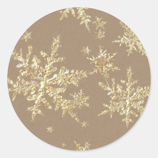  Gold Snowflakes Rustic Kraft Brown Classic Round Sticker (Front)