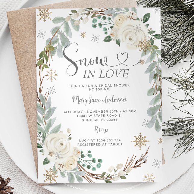 Gold Snowflakes Rustic Snow in love Bridal Shower Invitation (Creator Uploaded)