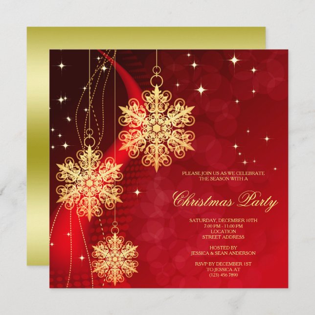 Gold Snowflakes & Stars Decorated Christmas Invitation (Front/Back)