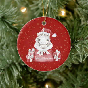 Gold Snowflakes Unicorn Santa Bag Gifts Christmas Ceramic Tree Decoration