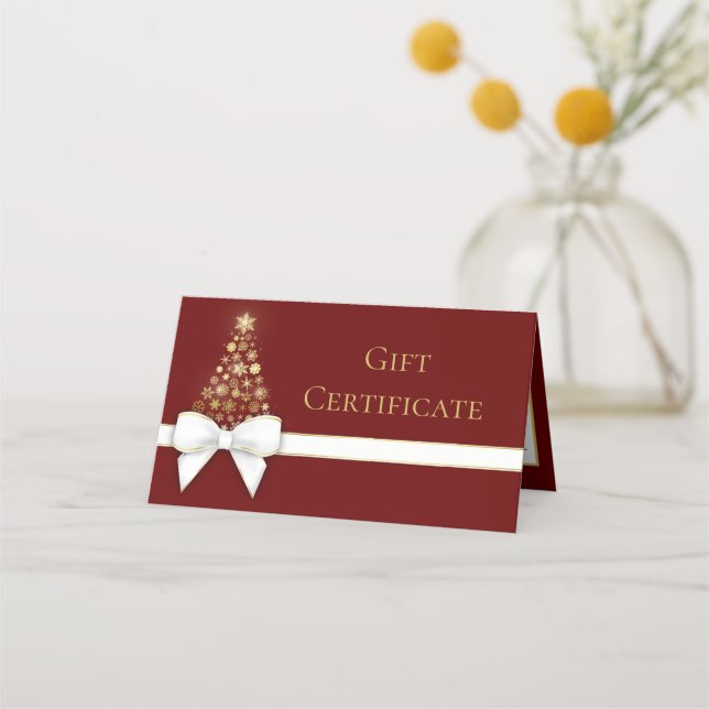 Gold Snowflakes White Bow Christmas Tree Gift Card (Front)