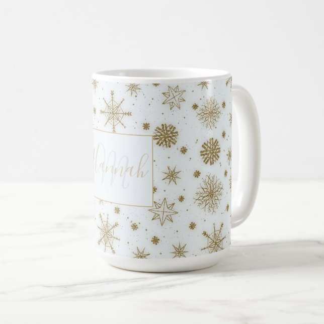 Gold Snowflakes White Design Coffee Mug (Front Right)
