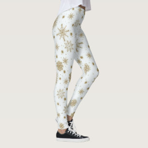 Gold Snowflakes White Design Leggings