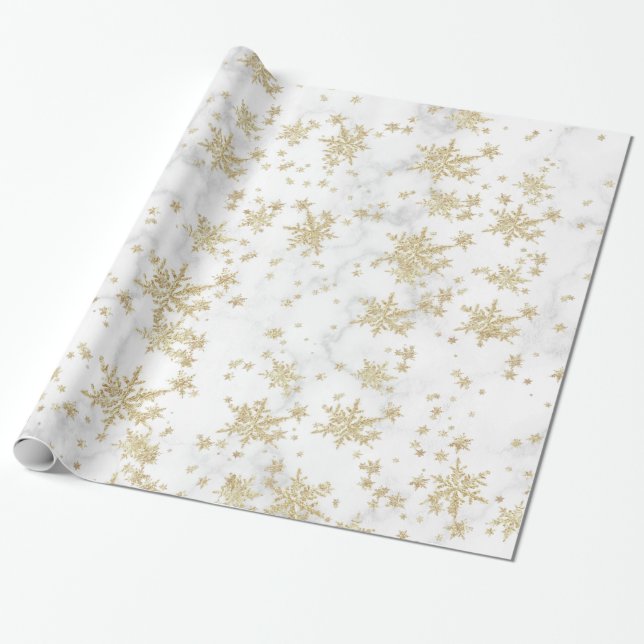 Gold Snowflakes White Marble Wrapping Paper (Unrolled)