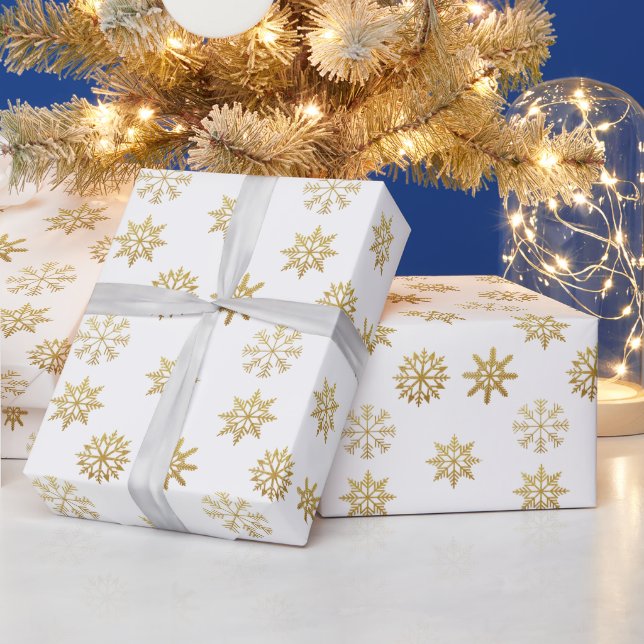 Gold Snowflakes White Ornament Wrapping Paper (Holidays)