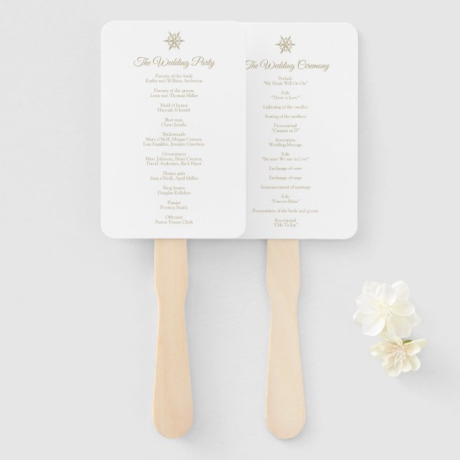 Gold Snowflakes Winter Wedding Christmas Program Hand Fan (Front and Back)