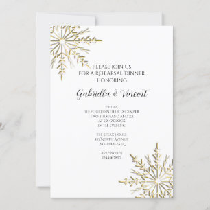 Gold Snowflakes Winter Wedding Rehearsal Dinner Invitation