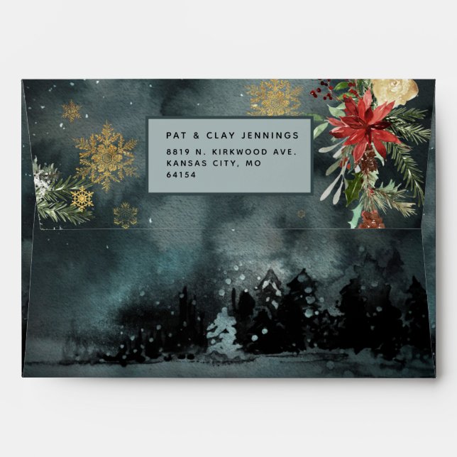 Gold Snowflakes Woodland Floral Holiday Envelope (Back (Top Flap))