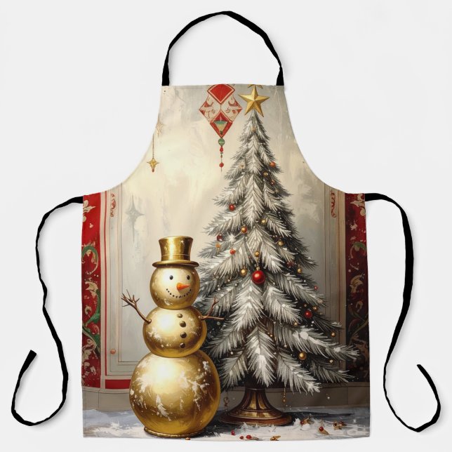 Gold Snowman Christmas Tree Holiday Apron (Front)