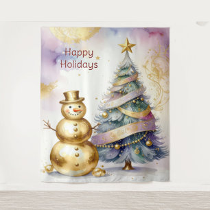 Gold Snowman Christmas Tree Holiday Backdrop Tapestry