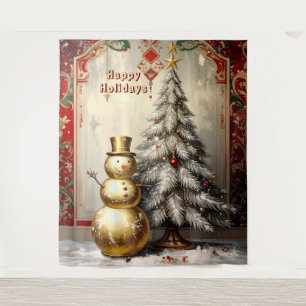 Gold Snowman Christmas Tree Holiday Backdrop Tapestry
