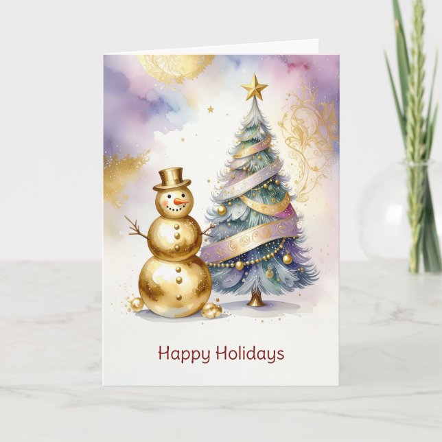 Gold Snowman Christmas Tree Holiday Card (Front)