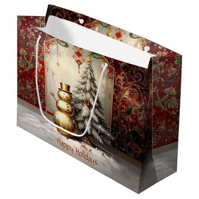 Gold Snowman Christmas Tree Holiday Gift Bag (Front Angled)