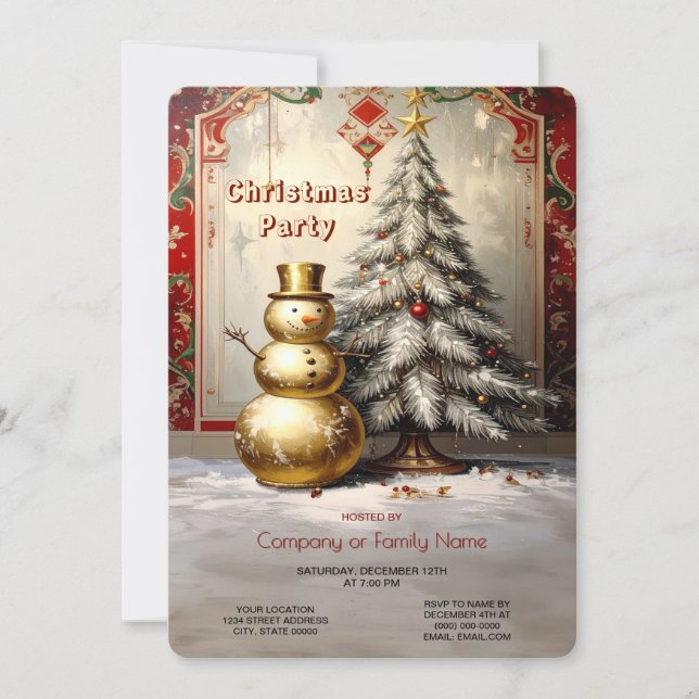 Gold Snowman Christmas Tree Holiday Party Invitation (Front)