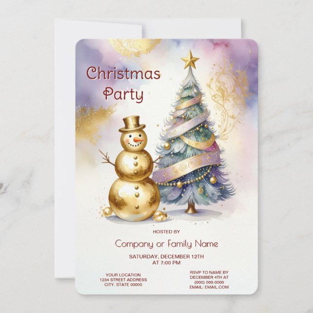 Gold Snowman Christmas Tree Holiday Party Invitation (Front)