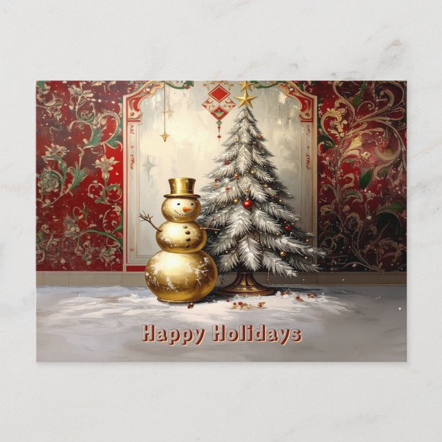 Gold Snowman Christmas Tree Holiday Postcard (Front)