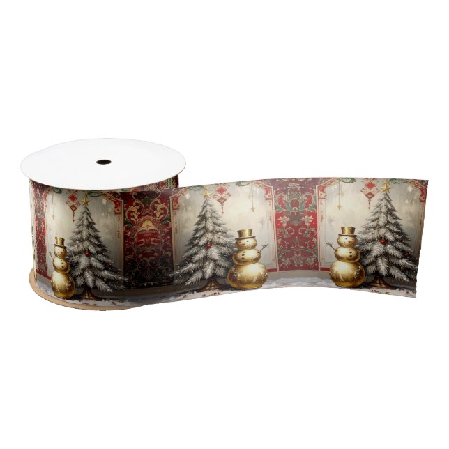 Gold Snowman Christmas Tree Holiday Satin Ribbon (Spool)