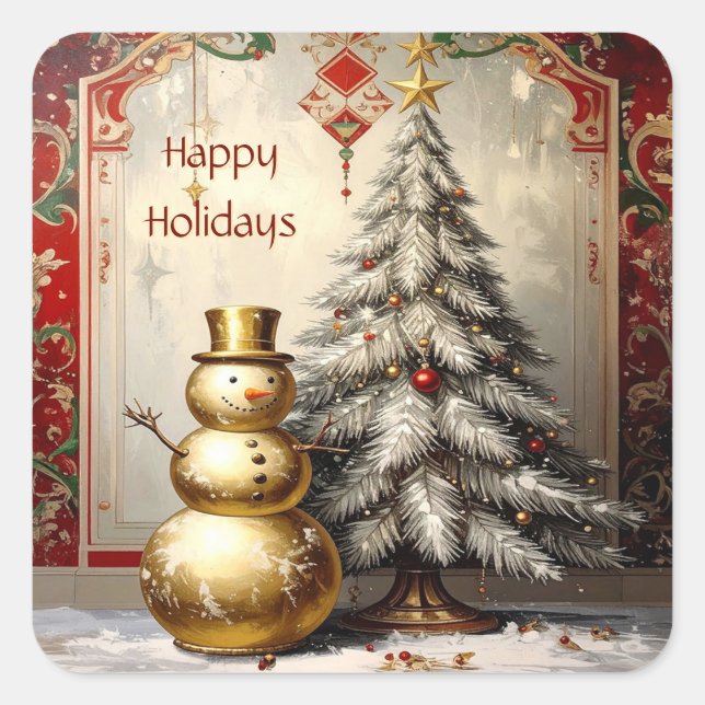 Gold Snowman Christmas Tree Holiday Sticker (Front)
