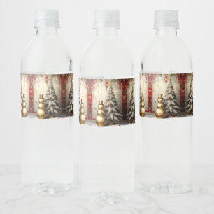 Gold Snowman Christmas Tree Water Bottle Label