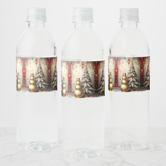 Gold Snowman Christmas Tree Water Bottle Label (Bottles)