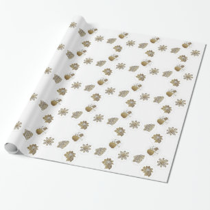 Gold Snowman, Snow Flake, Tree and Poinsetta Wrapping Paper