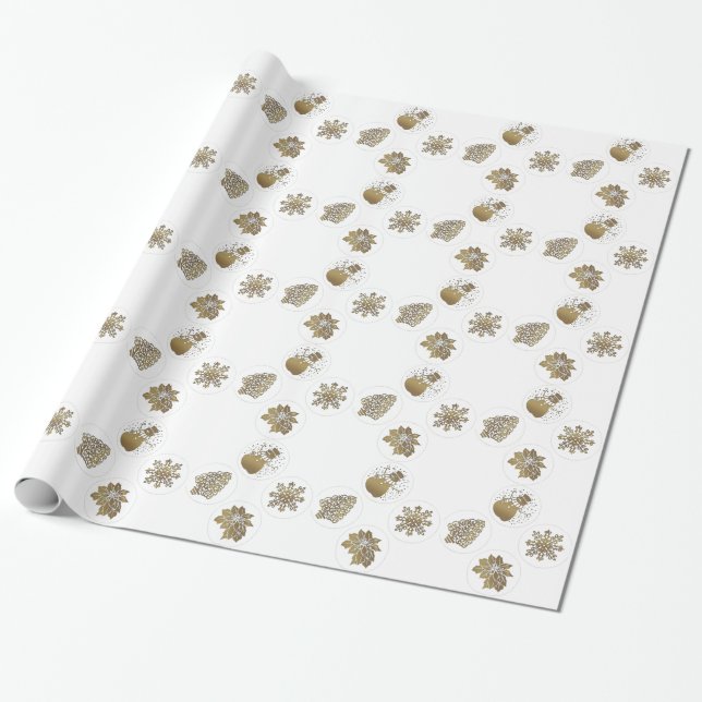 Gold Snowman, Snow Flake, Tree and Poinsetta Wrapping Paper (Unrolled)