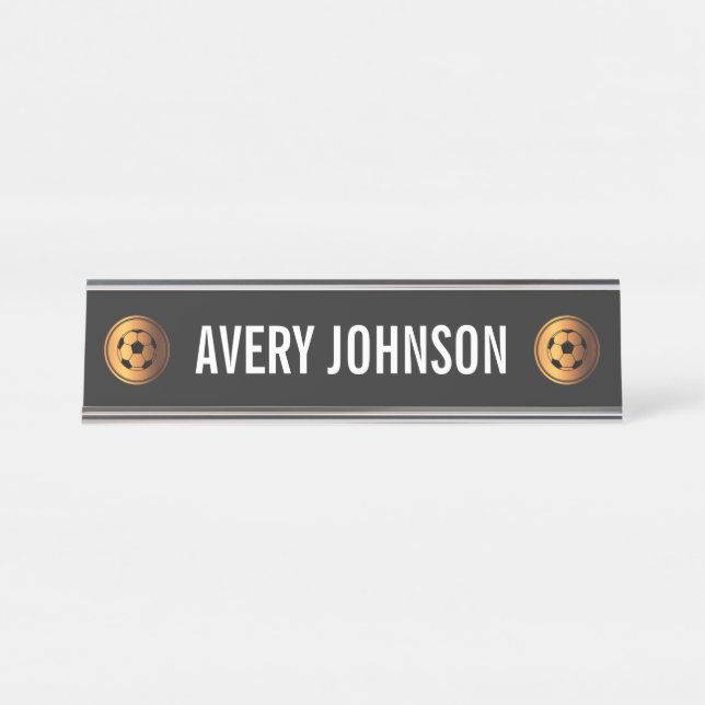 Gold Soccer Ball Elegant Player Coach Custom Sport Desk Name Plate (Front)