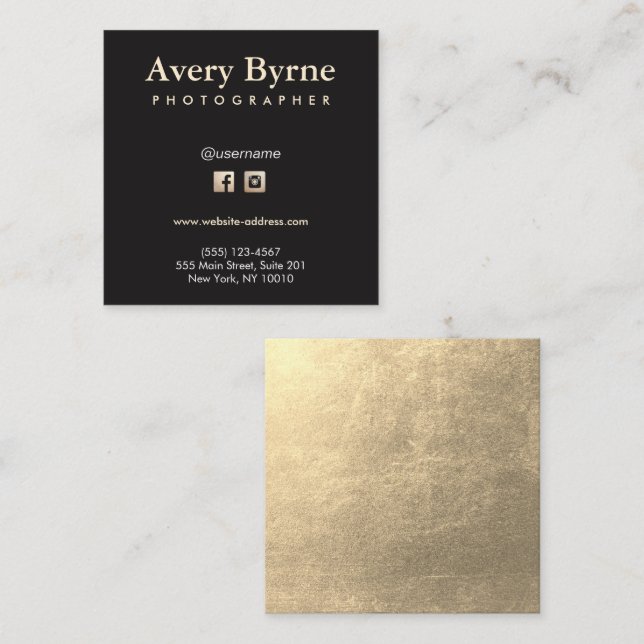 Gold Social Media Icons Black Square Business Card (Front/Back)