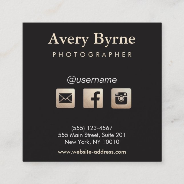Gold Social Media Icons Black Square Business Card (Front)